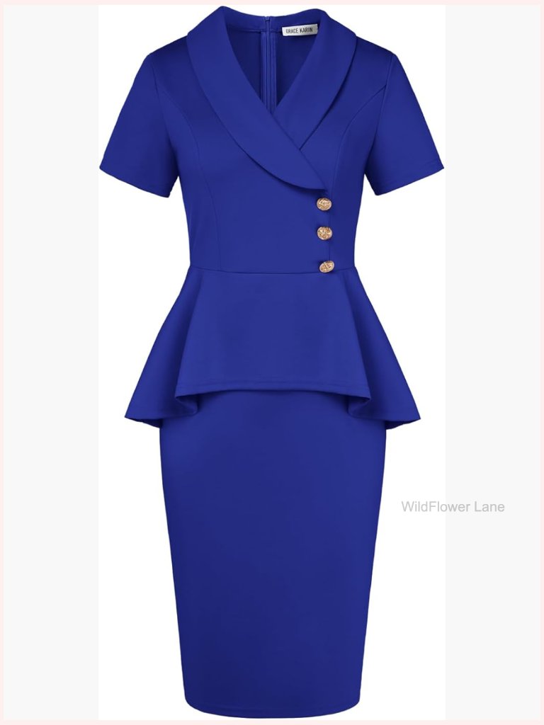 Short Sleeve Bodycon Midi Dress With Lapel V Neck, Work Sheath Dress